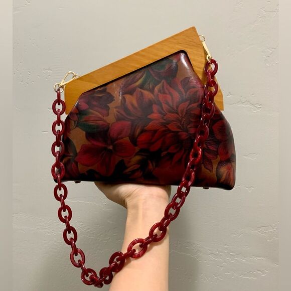 Handmade Genuine Premium Leather Floral Print Wooden Frame Bag with 2 Straps - Picture 8 of 16